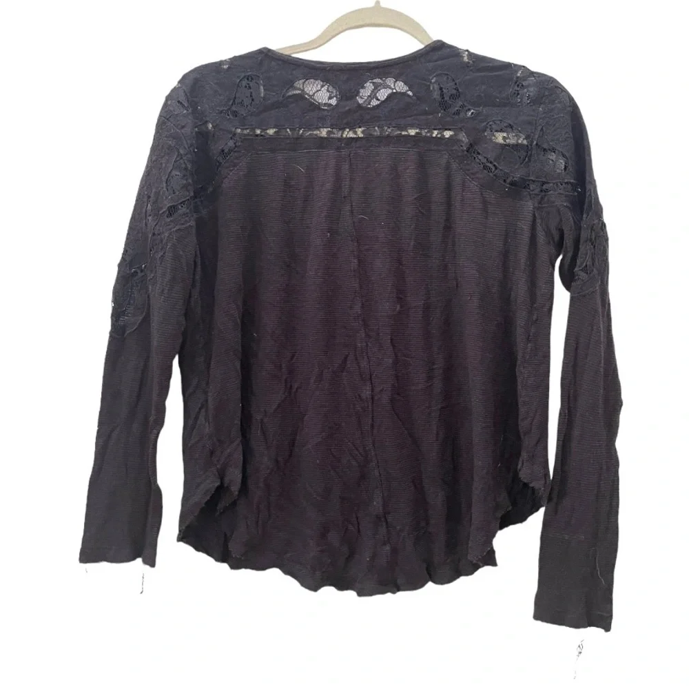 Free People‎ Jennie Lace Up Sheer Lace Shoulder Long Sleeve Top Black XS